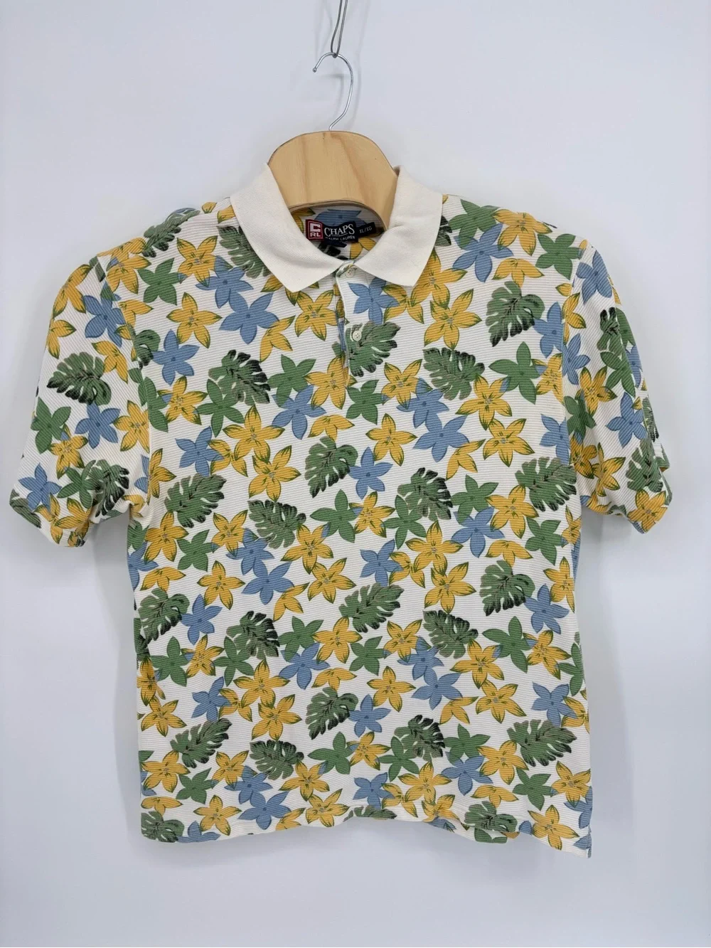 Chaps Ralph Lauren Polo Shirt Mens XL Ribbed Knit Hawaiian Flower Floral Vintage